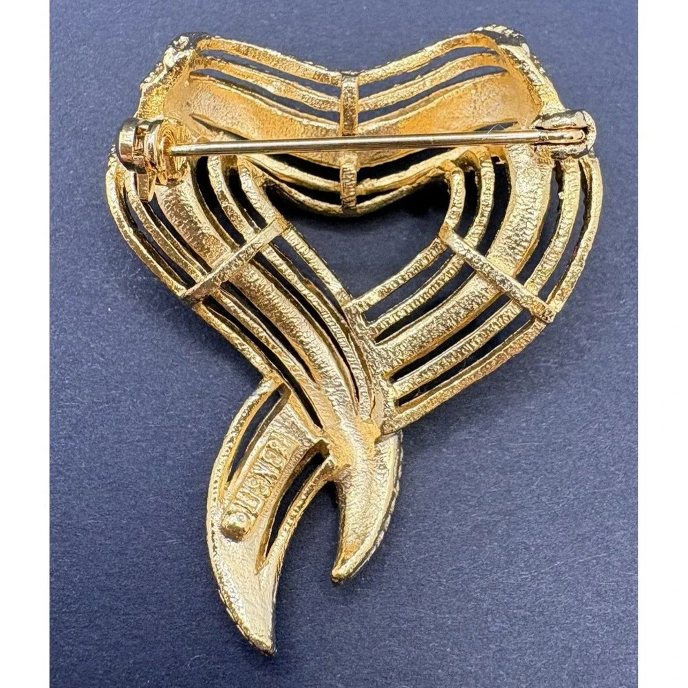 Vintage Lisner Heart Ribbon Bow Filigree Gold Tone Brooch Love Valentines‎ 1.75